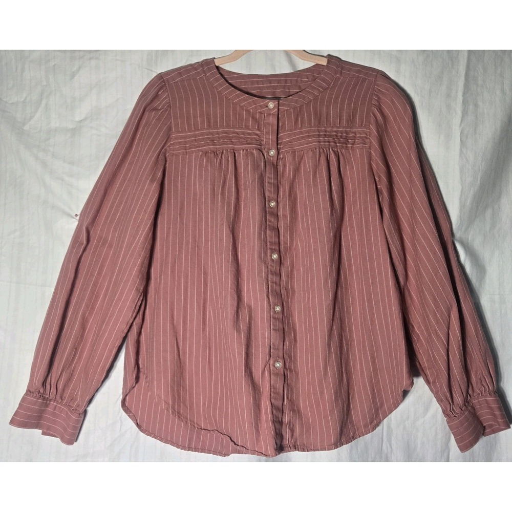 LOFT Pink Striped Button-Down Pleated Blouse Puff Sleeves Size Med
